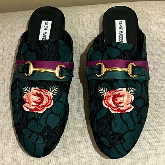 Steve Madden Kandi mules, green, purple & gold, Rose appliqué Loafers, size 9 - Picture 1 of 6